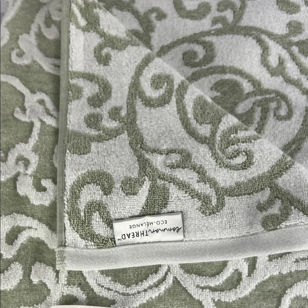 Common Thread Bath Towel Set Green White Scroll Jaquered Damask Cotton 2 Pc